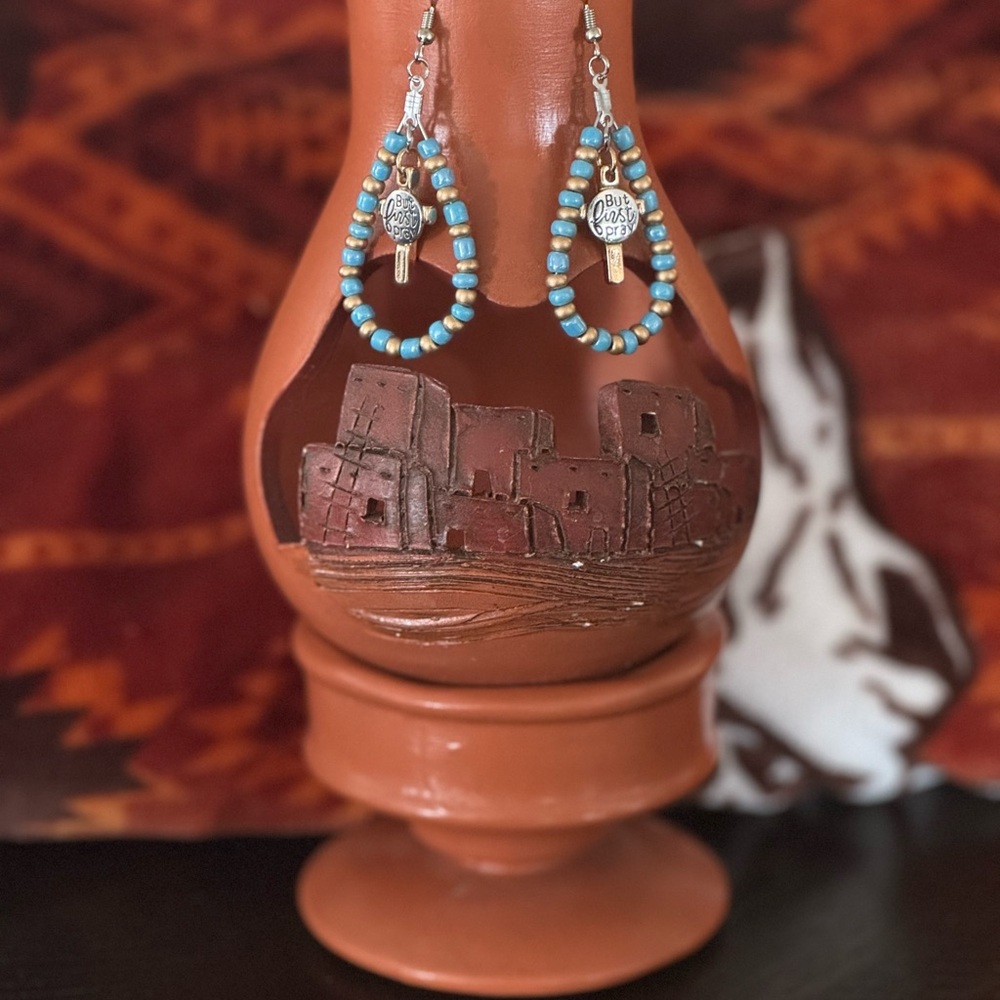 Hand Beaded Teardrop Earrings with Cross